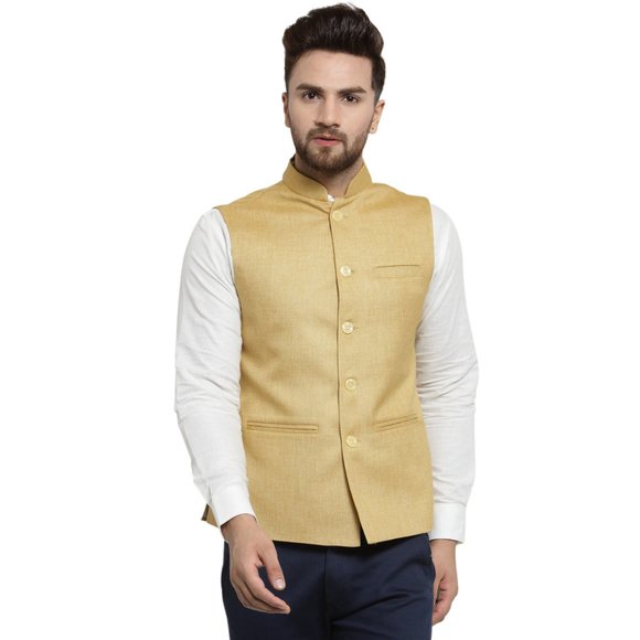 Sleeveless Traditional Jute Fabric Mustard Yellow Nehru Jacket by Treemoda - Picture 1 of 5